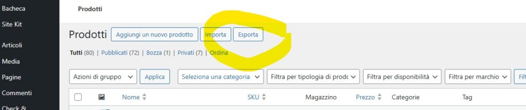 esportazione prodotti da woocommerce